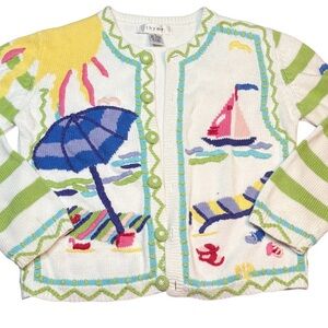 Thyme Vintage Coastal beach themed embroidered cardigan sweater beach scene sm